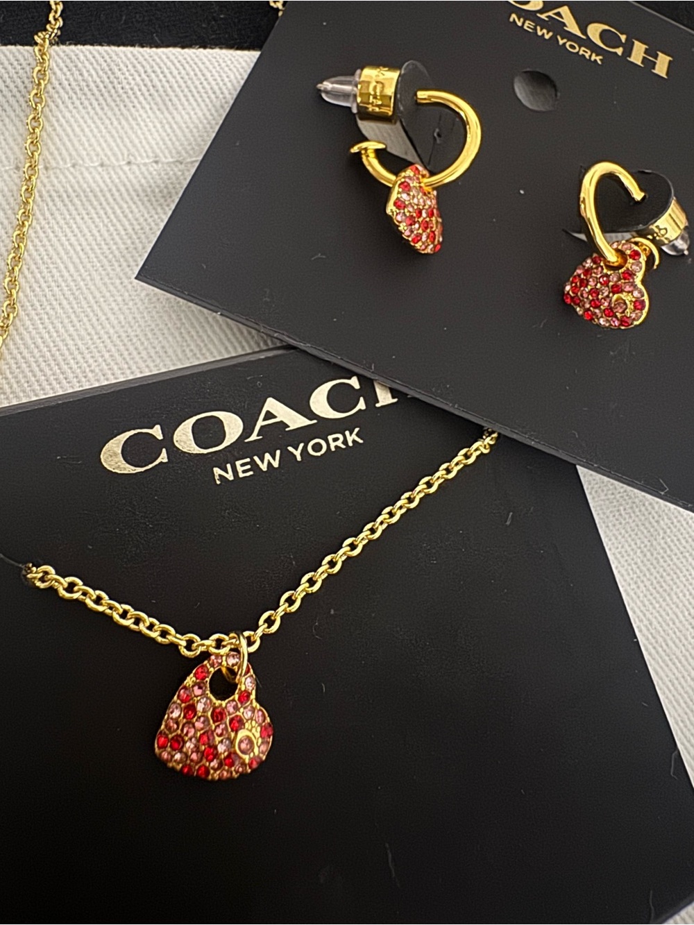 Coach Gold-Tone Necklace & Hoop Earrings with Red Crystal Heart Charms
